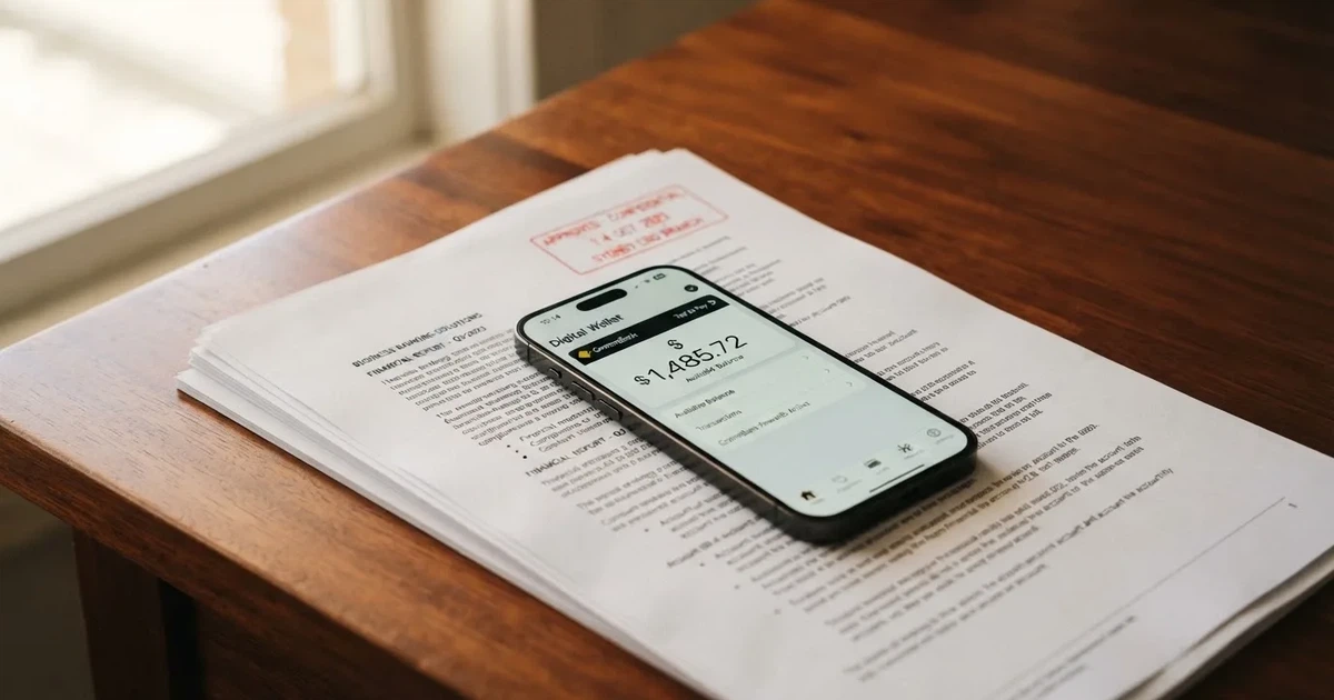 A phone showing a digital wallet balance screen resting on a stack of paperwork.