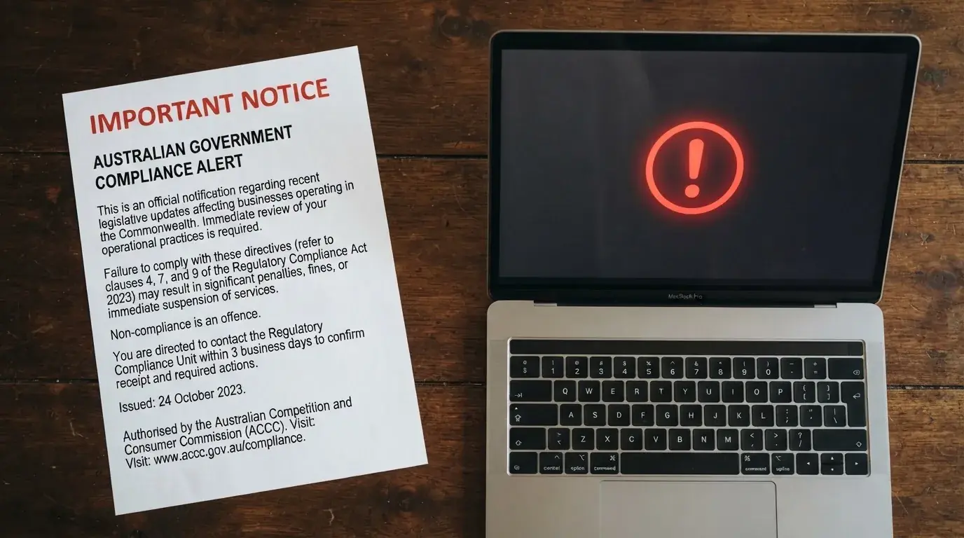 A printed government warning notice on a desk beside a laptop with a red alert icon on the screen.