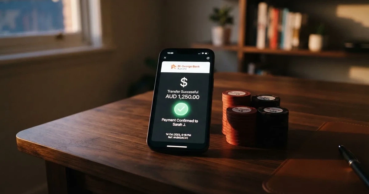 A phone displaying a bank transfer confirmation screen next to a stack of Australian dollar notes.