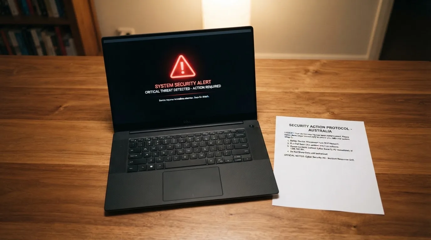 A printed government warning notice on a desk beside a laptop with a red alert icon on the screen.