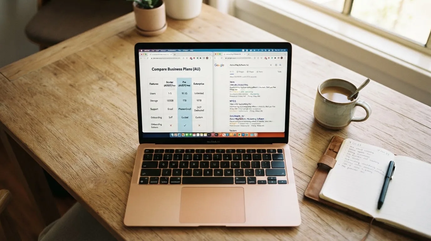 A laptop screen split between two browser tabs, one showing a comparison table and the other a search results page.