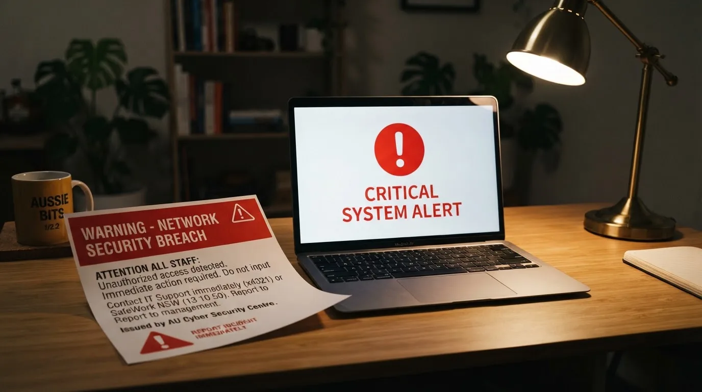 A printed government warning notice on a desk beside a laptop with a red alert icon on the screen.