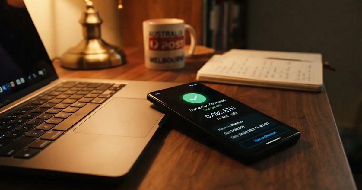 A phone displaying a blockchain transaction confirmation screen next to a laptop keyboard.