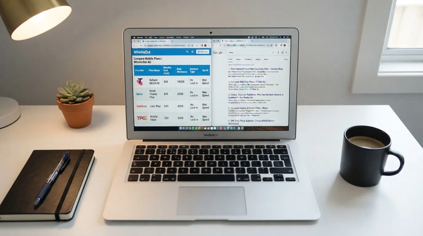 A laptop screen split between two browser tabs, one showing a comparison table and the other a search results page.