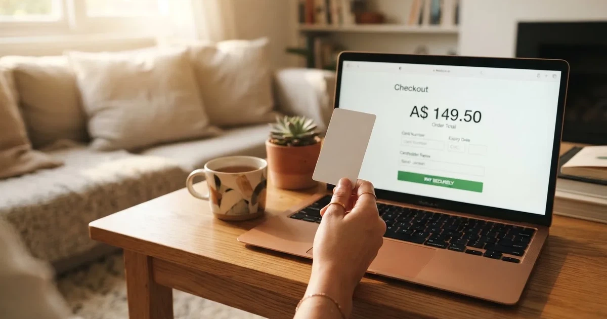 A hand holding a bank card next to a laptop showing an online payment form.