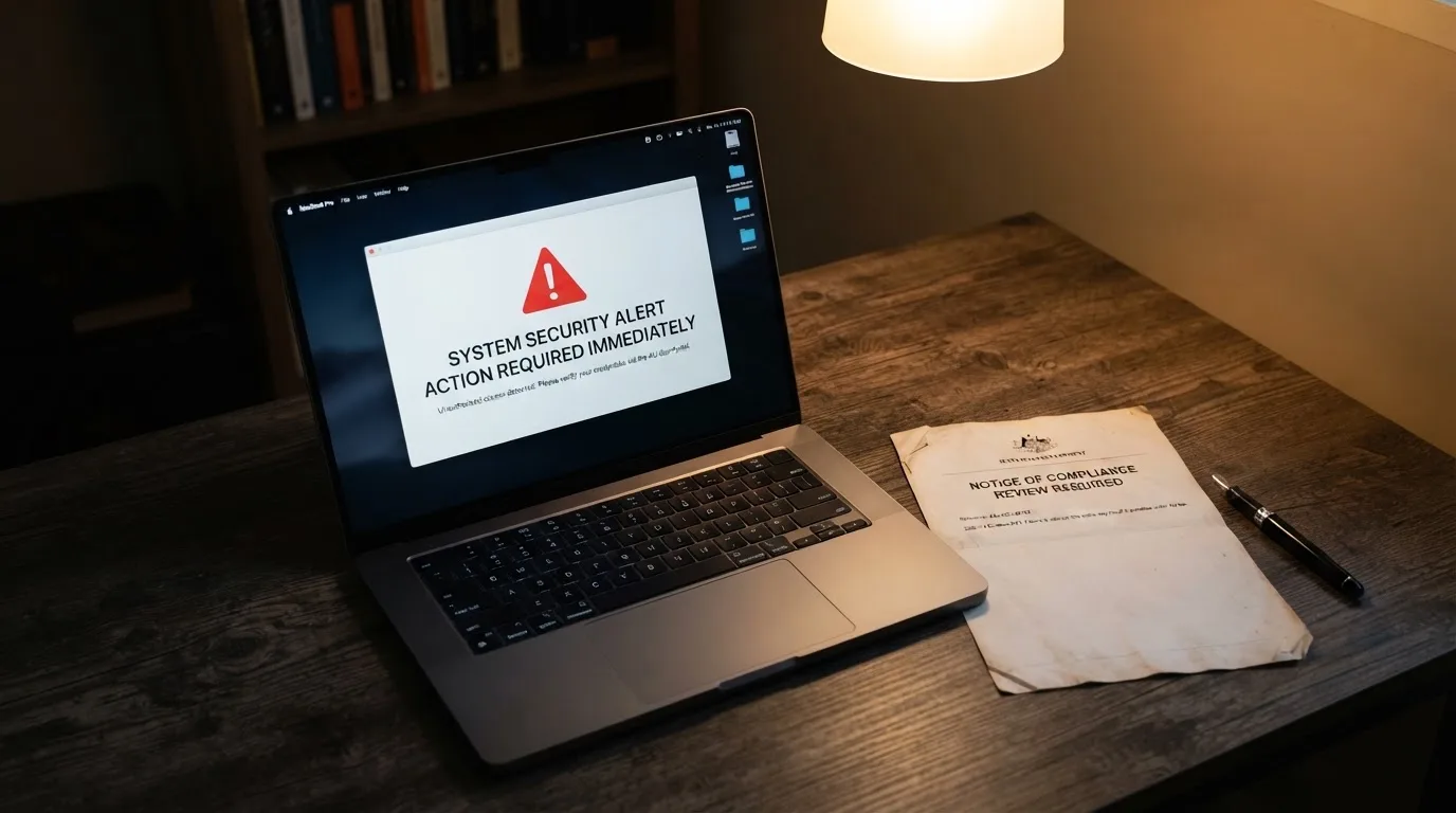 A printed government warning notice on a desk beside a laptop with a red alert icon on the screen.
