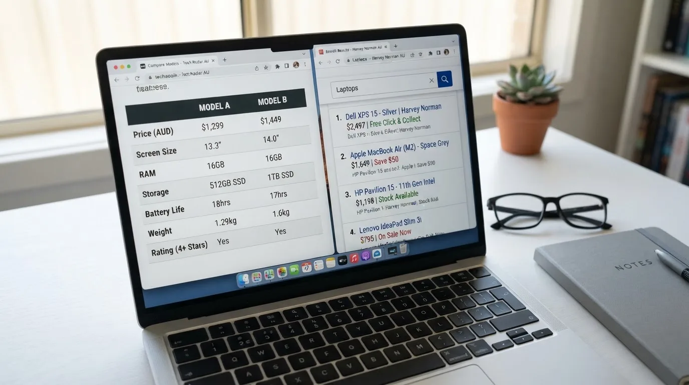 A laptop screen split between two browser tabs, one showing a comparison table and the other a search results page.
