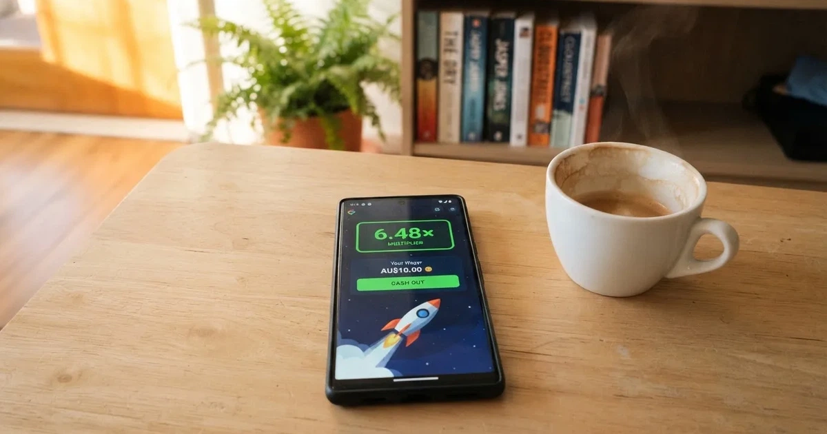 A digital multiplier counter climbing on a phone screen next to a coffee cup.