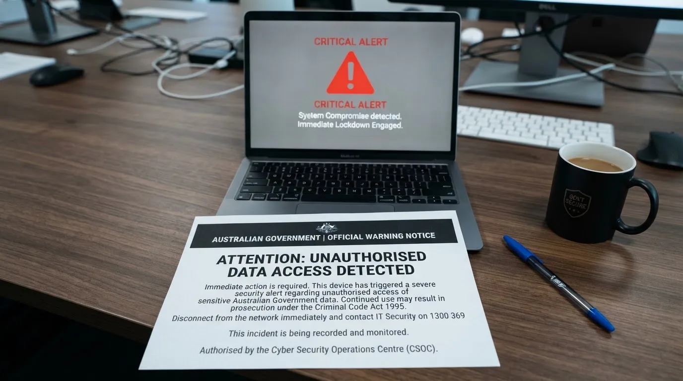 A printed government warning notice on a desk beside a laptop with a red alert icon on the screen.
