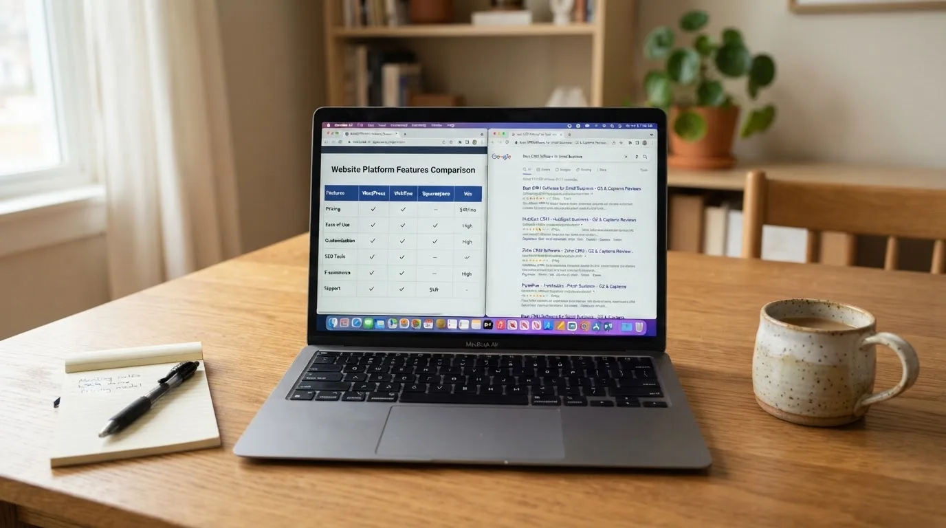 A laptop screen split between two browser tabs, one showing a comparison table and the other a search results page.