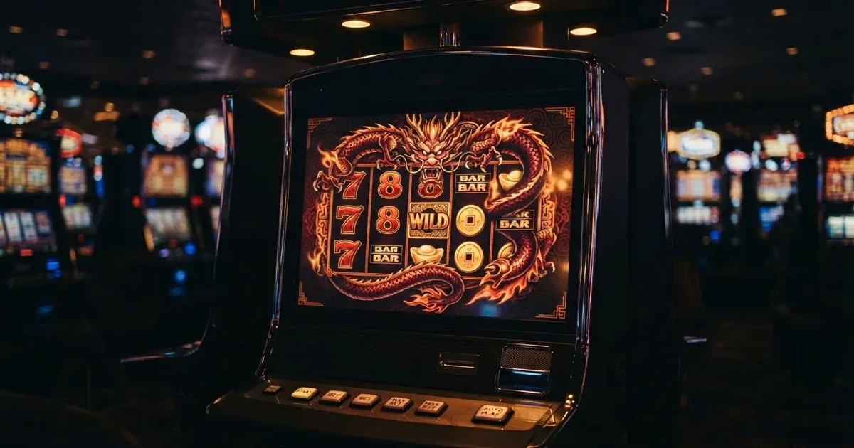 A close-up of a slot reel icon showing a stylised dragon motif on a cabinet screen.