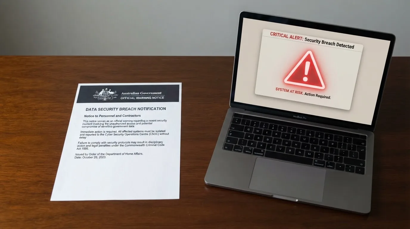 A printed government warning notice on a desk beside a laptop with a red alert icon on the screen.