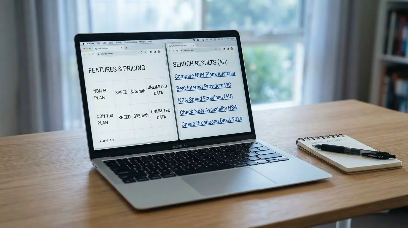 A laptop screen split between two browser tabs, one showing a comparison table and the other a search results page.