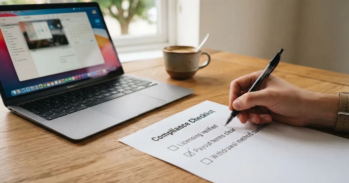A hand ticking off boxes on a printed checklist next to a laptop.