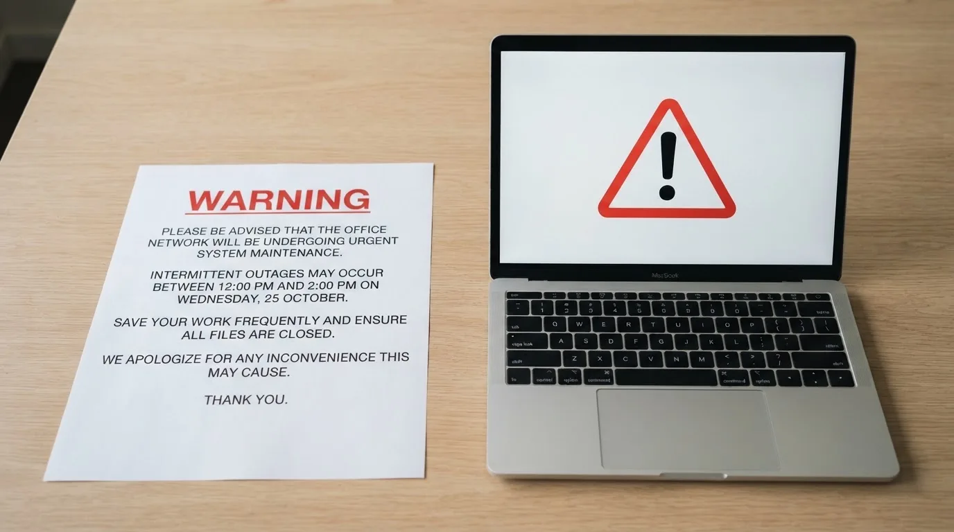 A printed government warning notice on a desk beside a laptop with a red alert icon on the screen.
