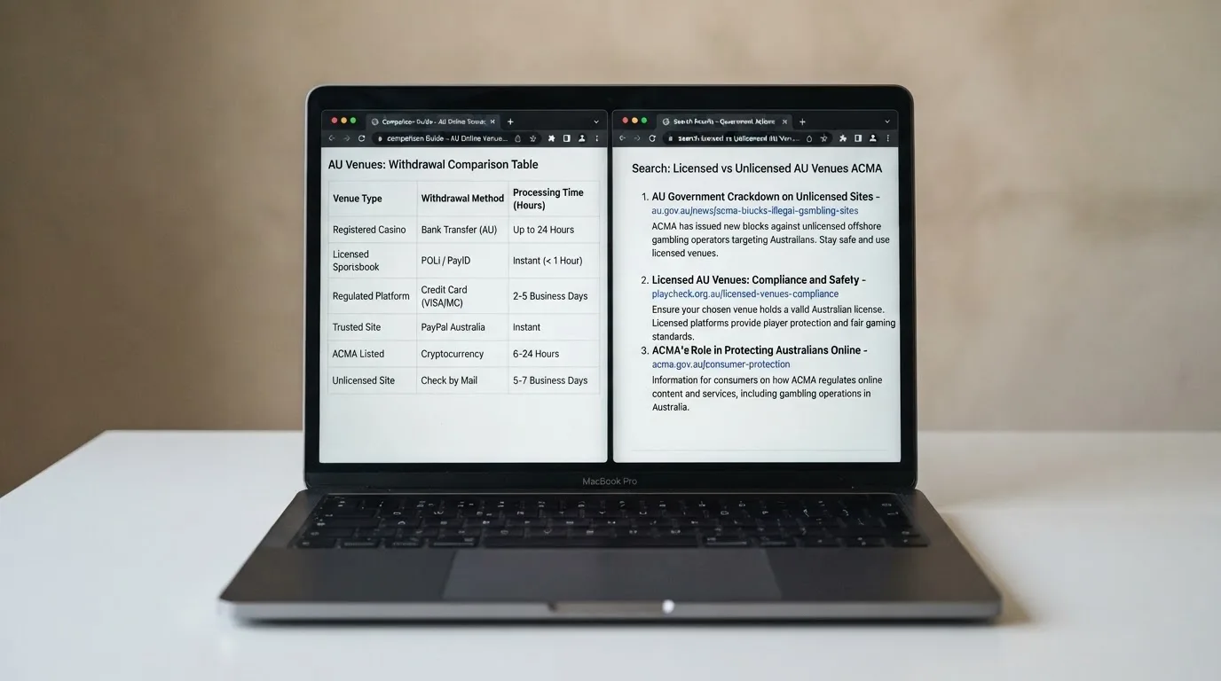 A laptop screen split between two browser tabs, one showing a comparison table and the other a search results page.