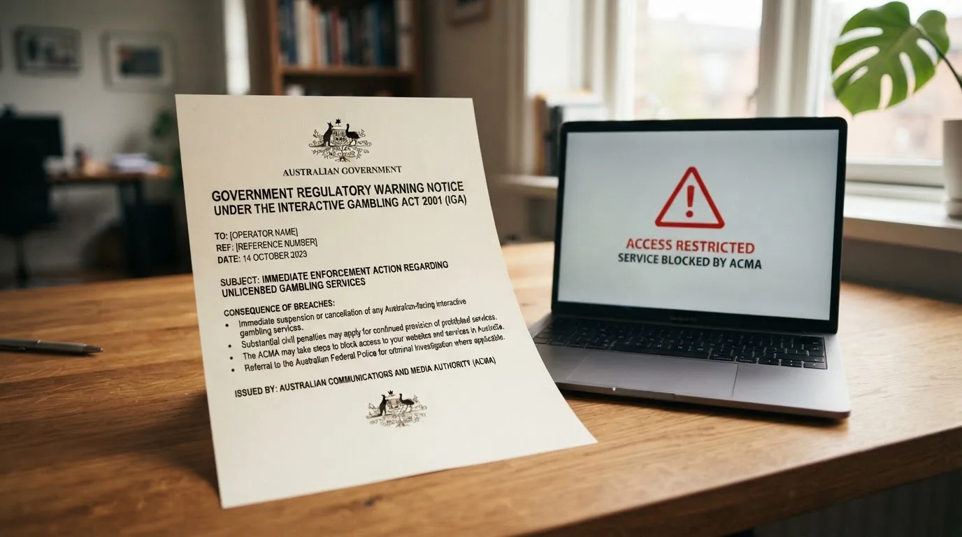 A printed government warning notice on a desk beside a laptop with a red alert icon on the screen.