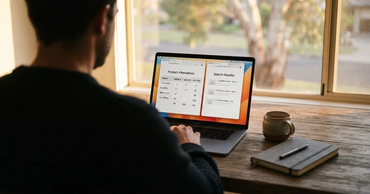 A laptop screen split between two browser tabs, one showing a comparison table and the other a search results page.