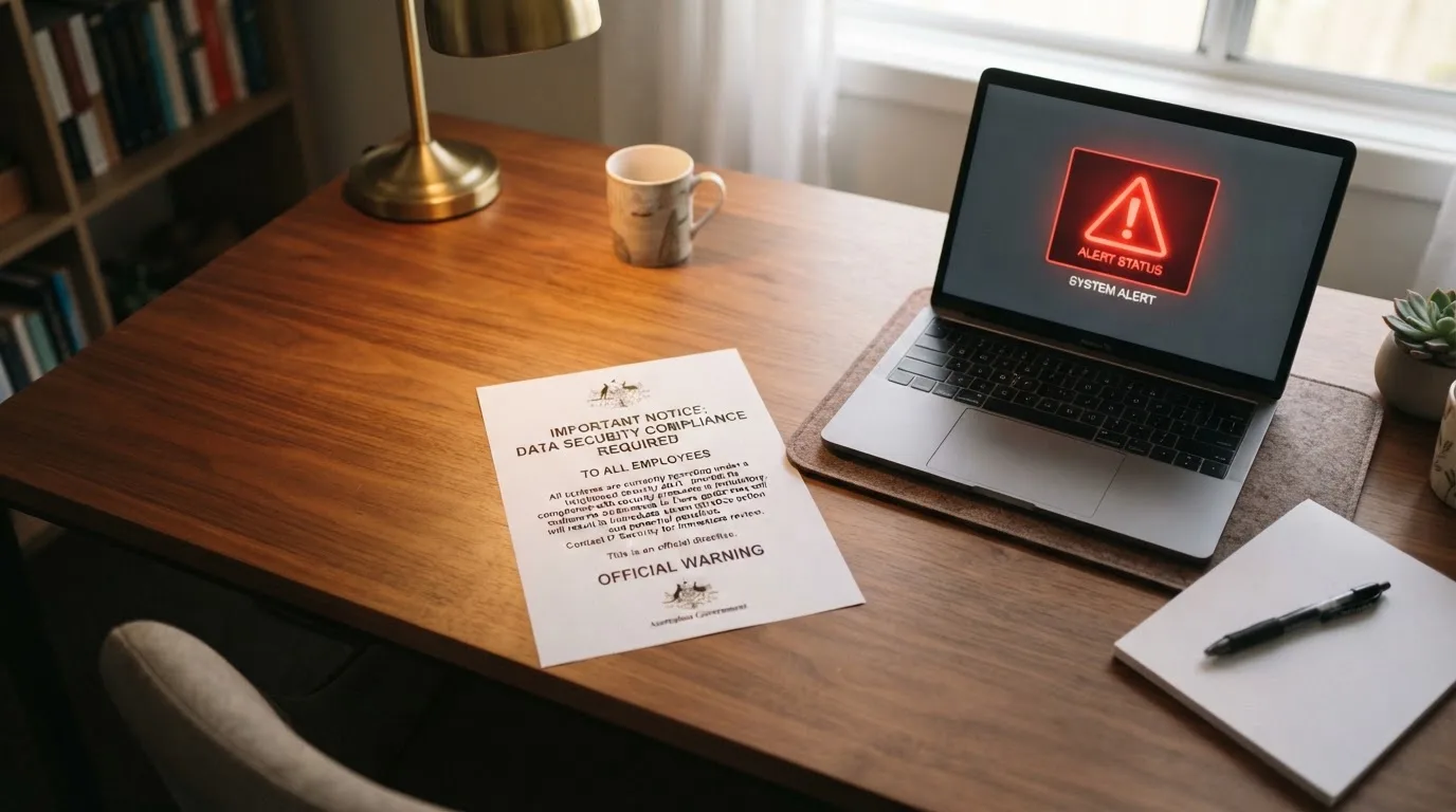 A printed government warning notice on a desk beside a laptop with a red alert icon on the screen.
