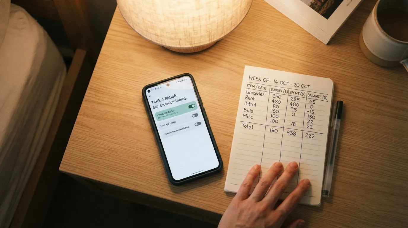 A phone showing a self-exclusion settings screen next to a notepad with a weekly budget written on it.