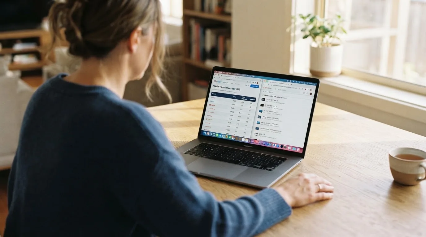A laptop screen split between two browser tabs, one showing a comparison table and the other a search results page.