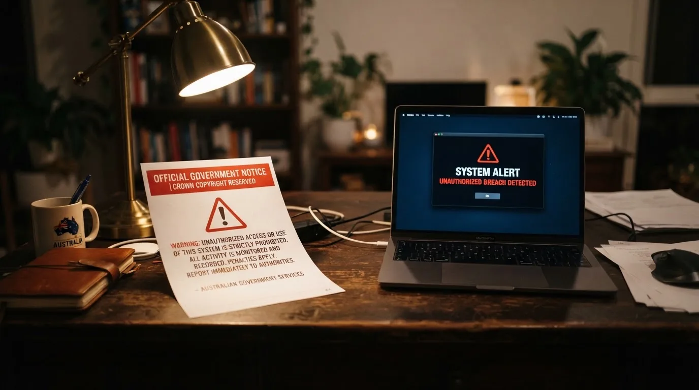 A printed government warning notice on a desk beside a laptop with a red alert icon on the screen.