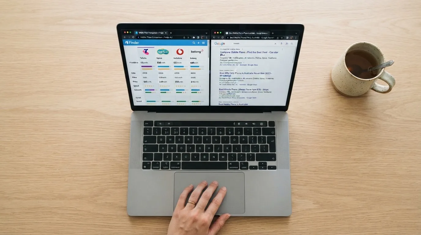 A laptop screen split between two browser tabs, one showing a comparison table and the other a search results page.