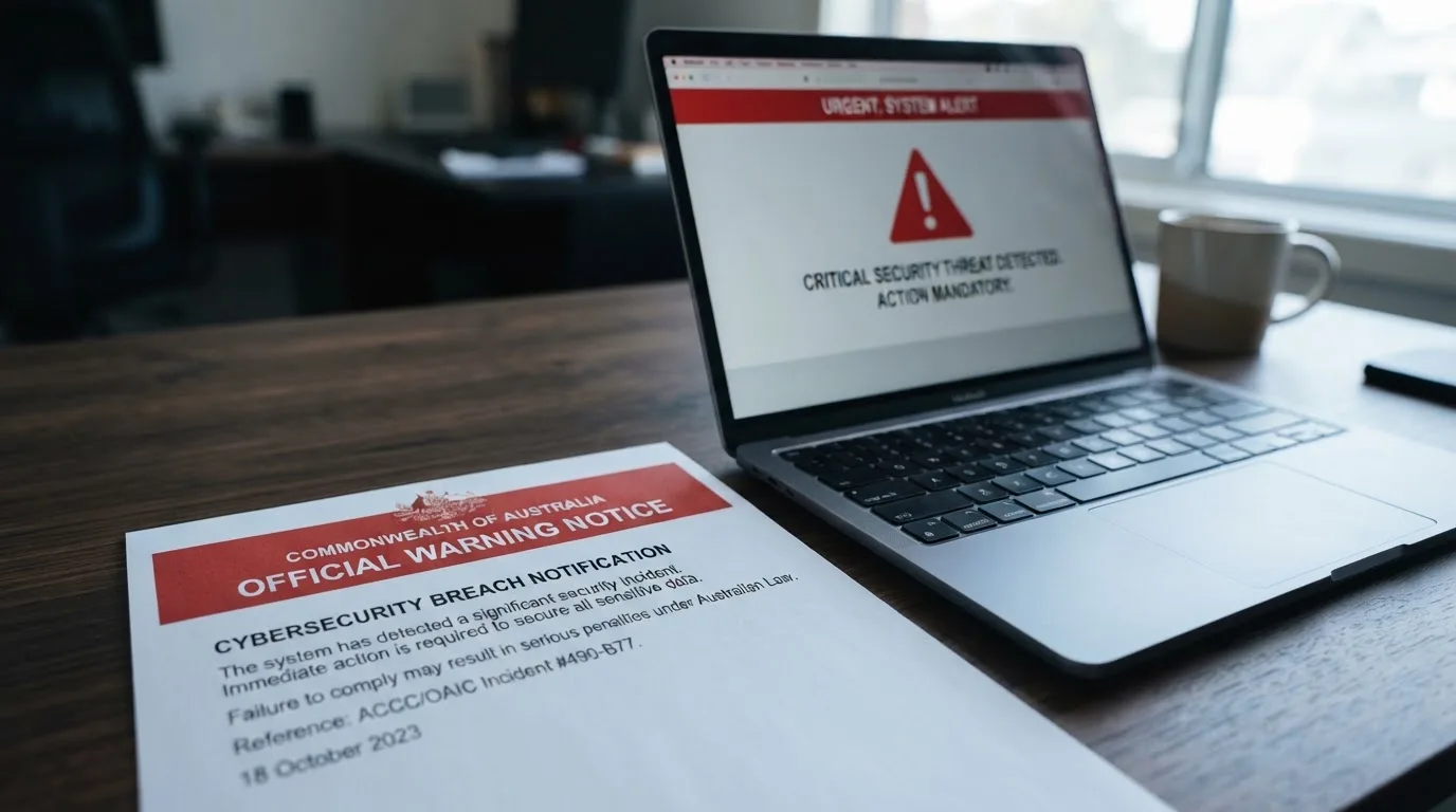 A printed government warning notice on a desk beside a laptop with a red alert icon on the screen.