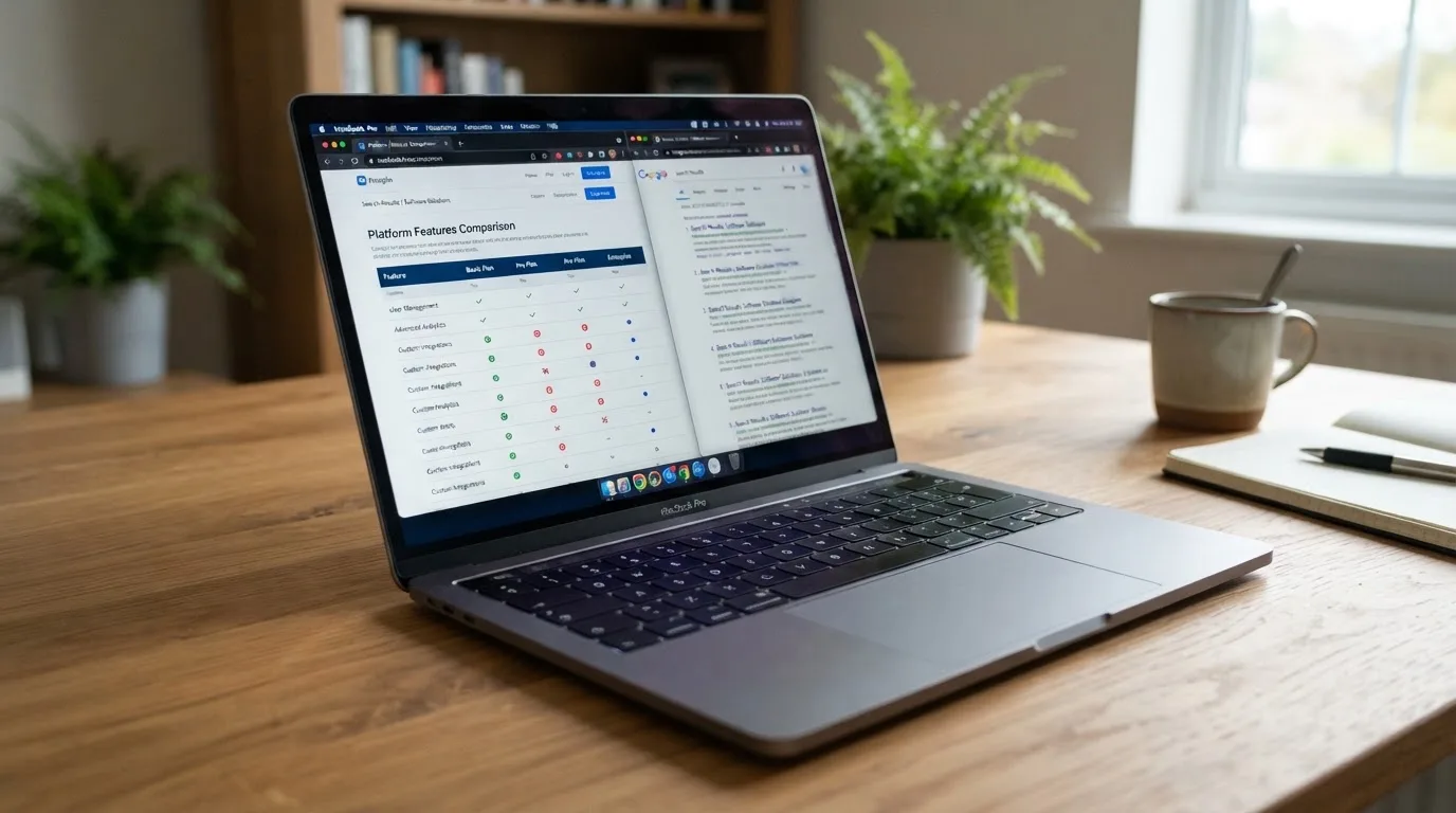 A laptop screen split between two browser tabs, one showing a comparison table and the other a search results page.