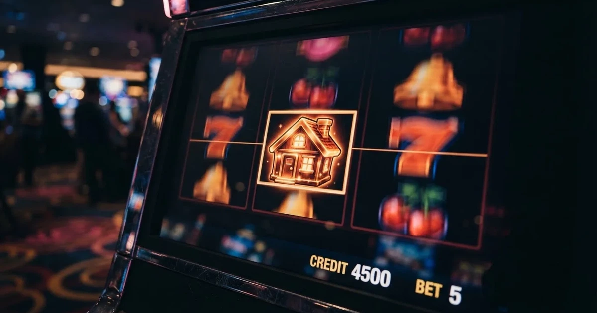 A close-up of a slot reel icon with a house-shaped motif on a screen.
