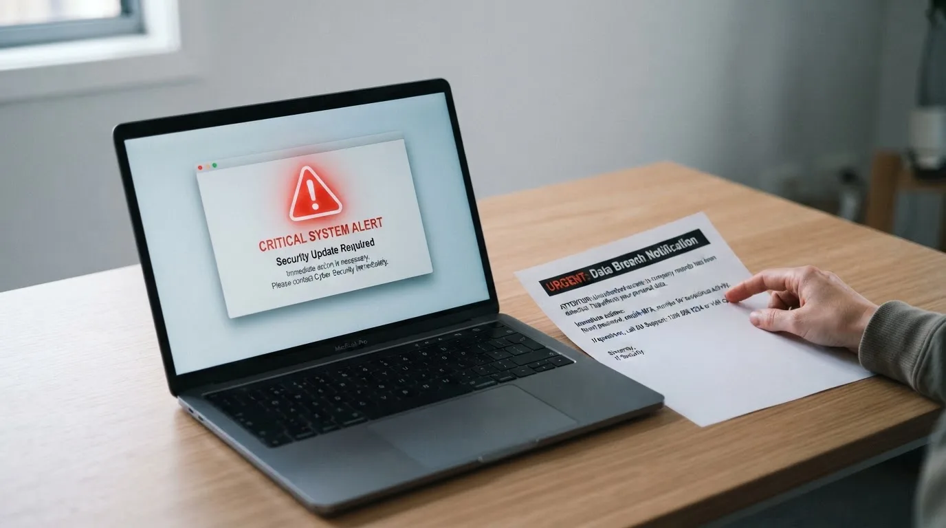 A printed government warning notice on a desk beside a laptop with a red alert icon on the screen.
