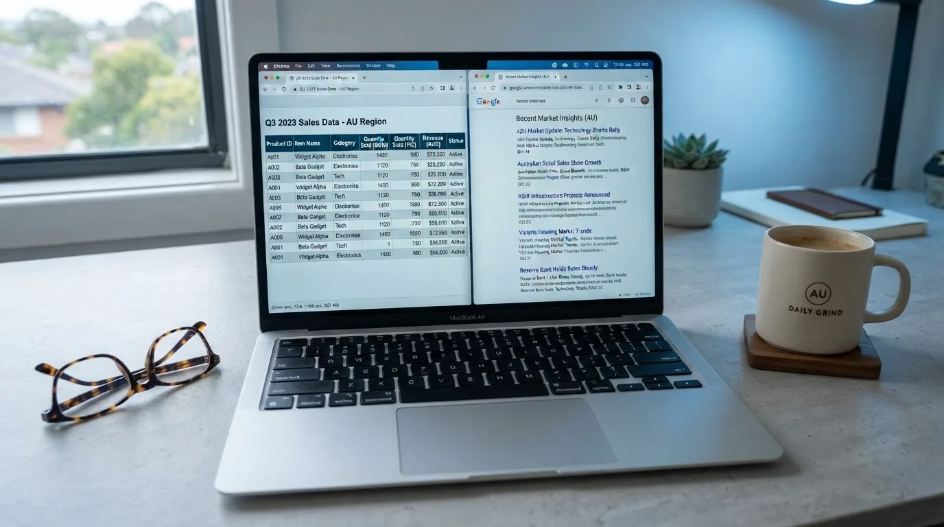 A laptop screen split between two browser tabs, one showing a comparison table and the other a search results page.
