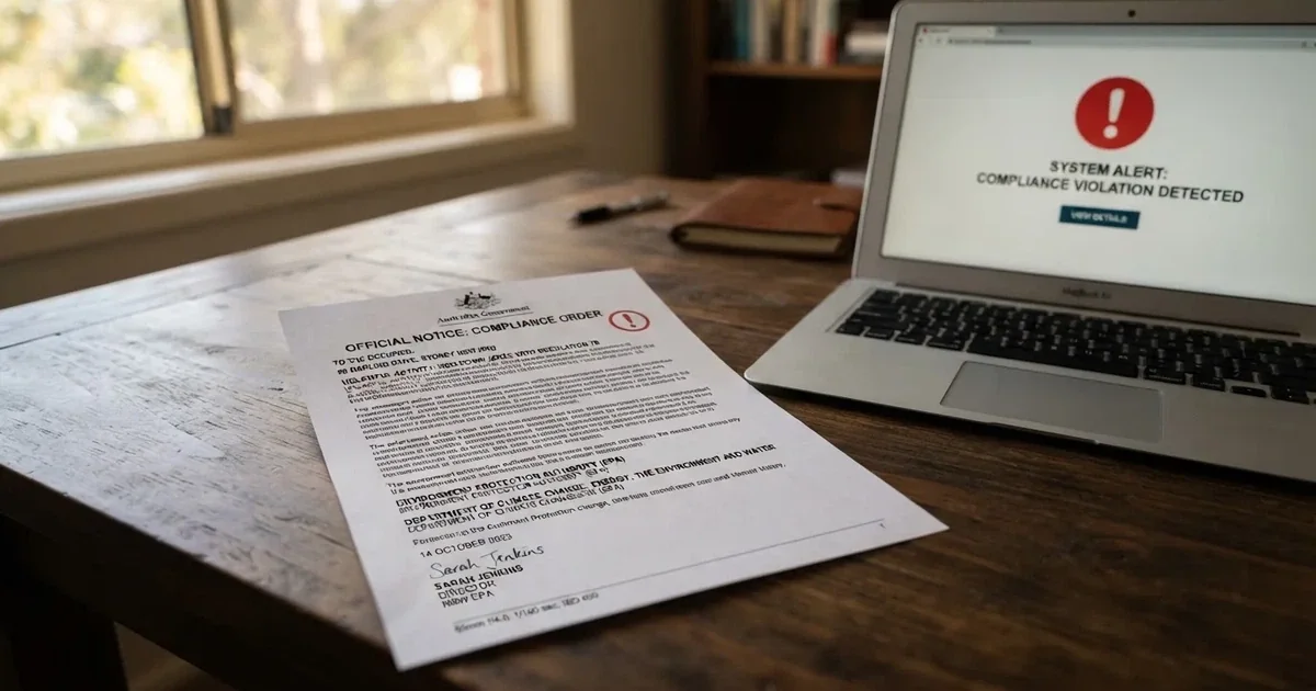 A printed government warning notice on a desk beside a laptop with a red alert icon on the screen.