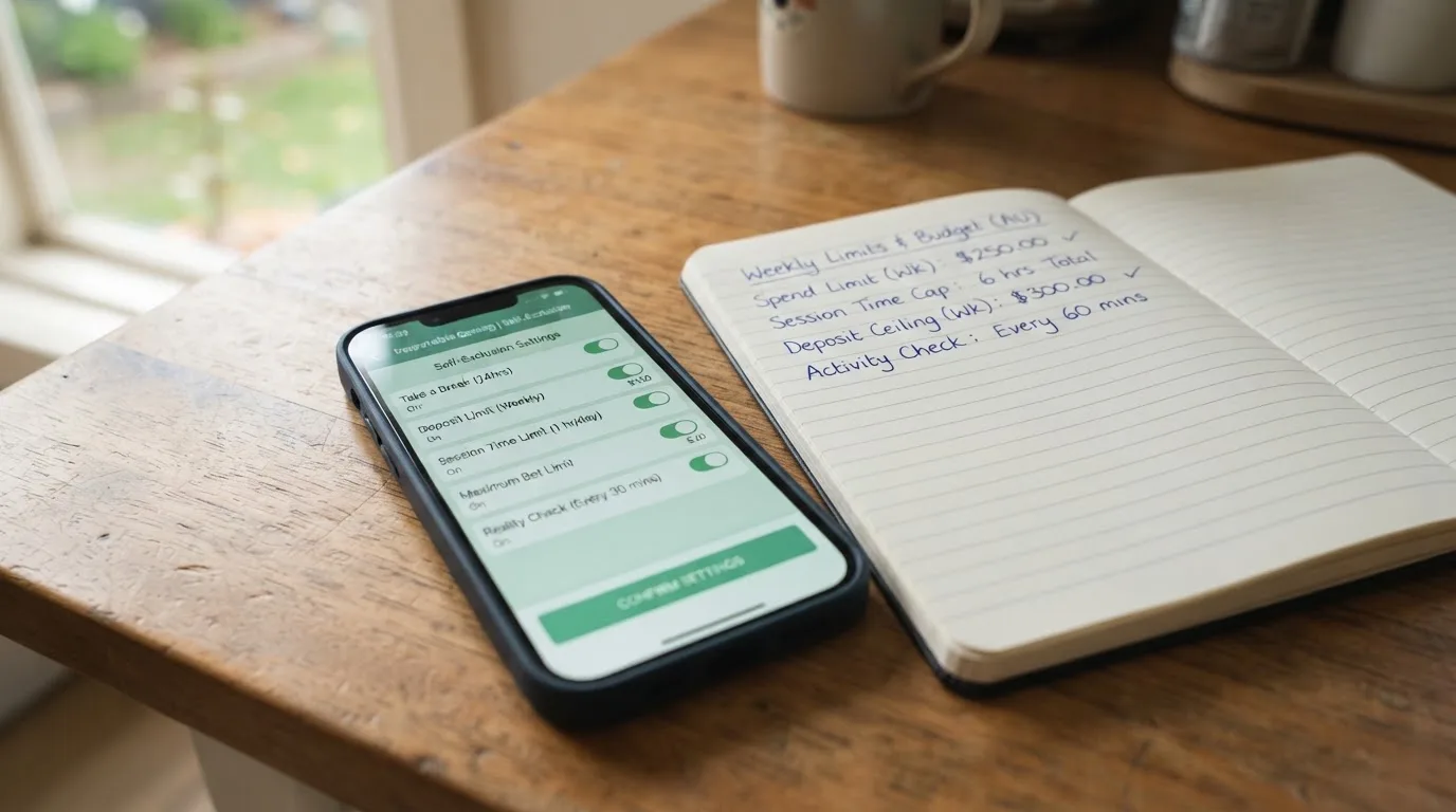 A phone showing a self-exclusion settings screen next to a notepad with a weekly budget written on it.