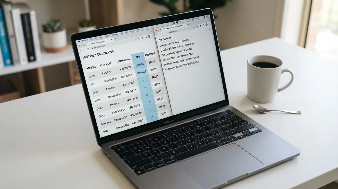 A laptop screen split between two browser tabs, one showing a comparison table and the other a search results page.
