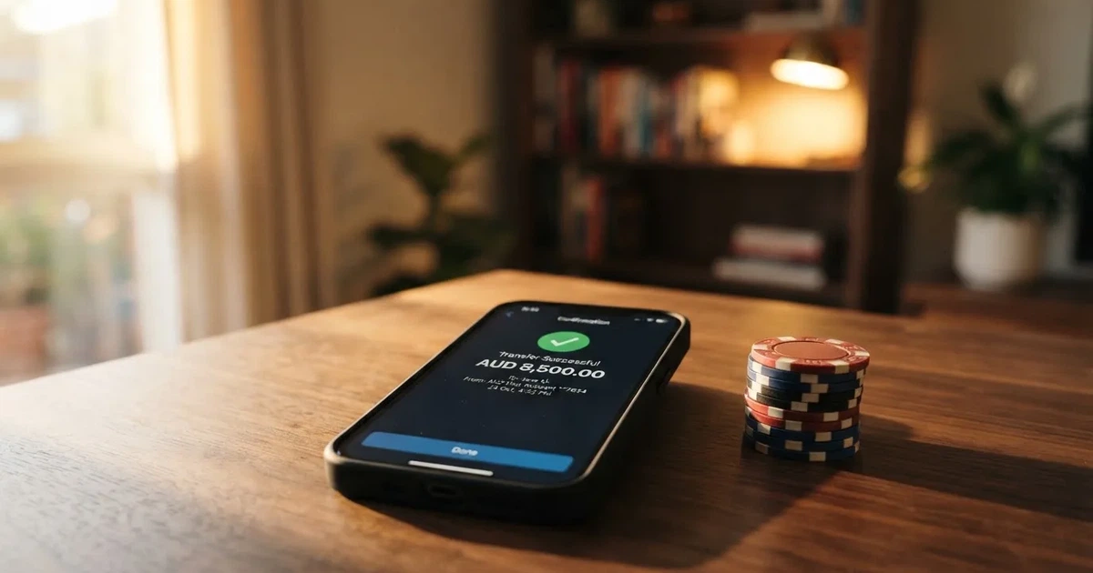 A phone displaying a bank transfer confirmation screen next to a stack of Australian dollar notes.