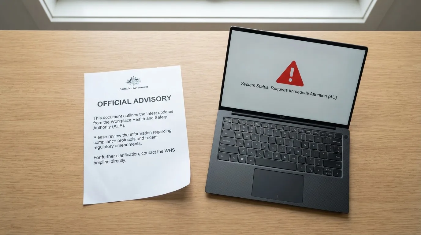 A printed government warning notice on a desk beside a laptop with a red alert icon on the screen.