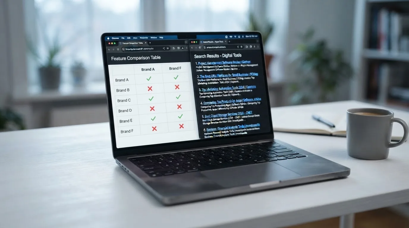 A laptop screen split between two browser tabs, one showing a comparison table and the other a search results page.
