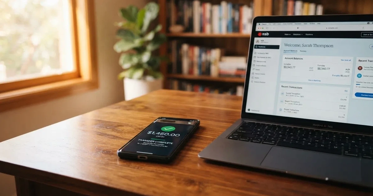 A phone showing a PayID-style bank transfer confirmation next to a laptop.