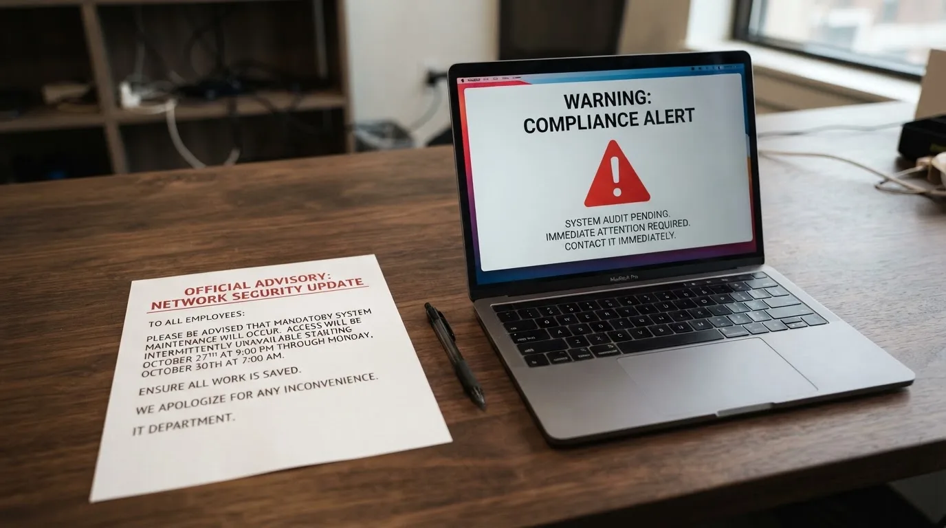 A printed government warning notice on a desk beside a laptop with a red alert icon on the screen.