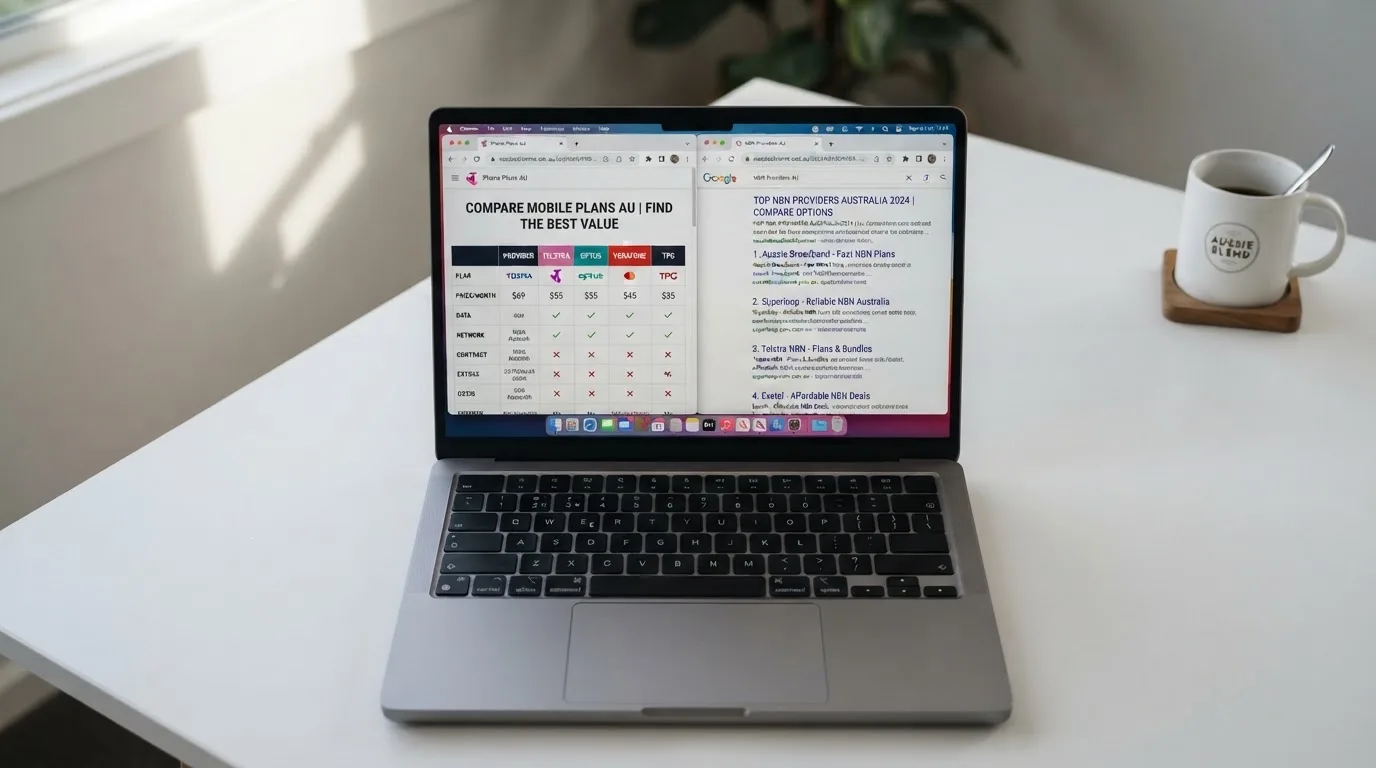 A laptop screen split between two browser tabs, one showing a comparison table and the other a search results page.