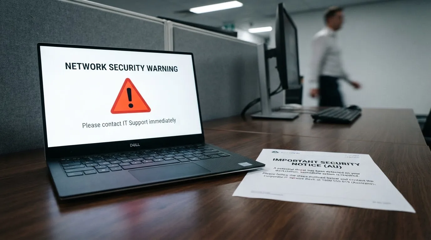A printed government warning notice on a desk beside a laptop with a red alert icon on the screen.