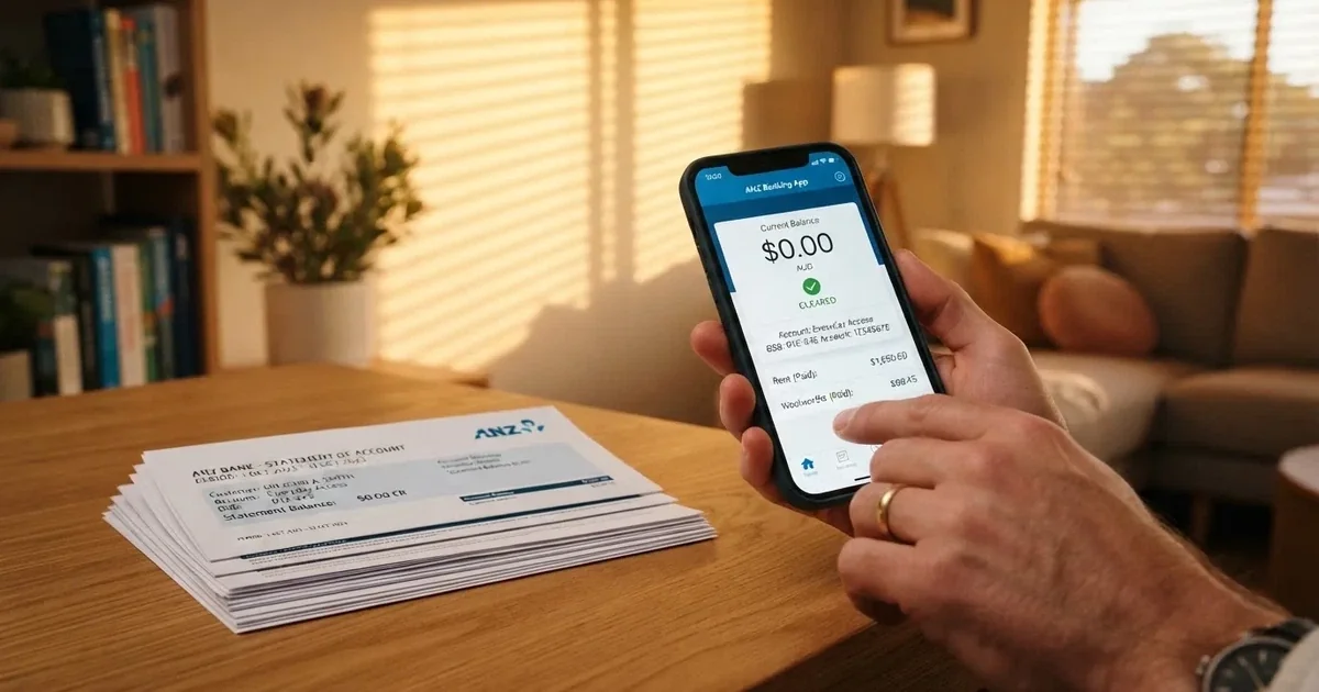 A hand holding a phone showing a cleared balance next to a stack of printed bank statements.