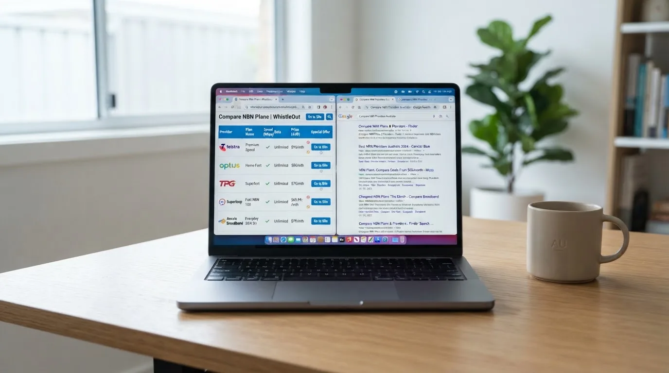 A laptop screen split between two browser tabs, one showing a comparison table and the other a search results page.