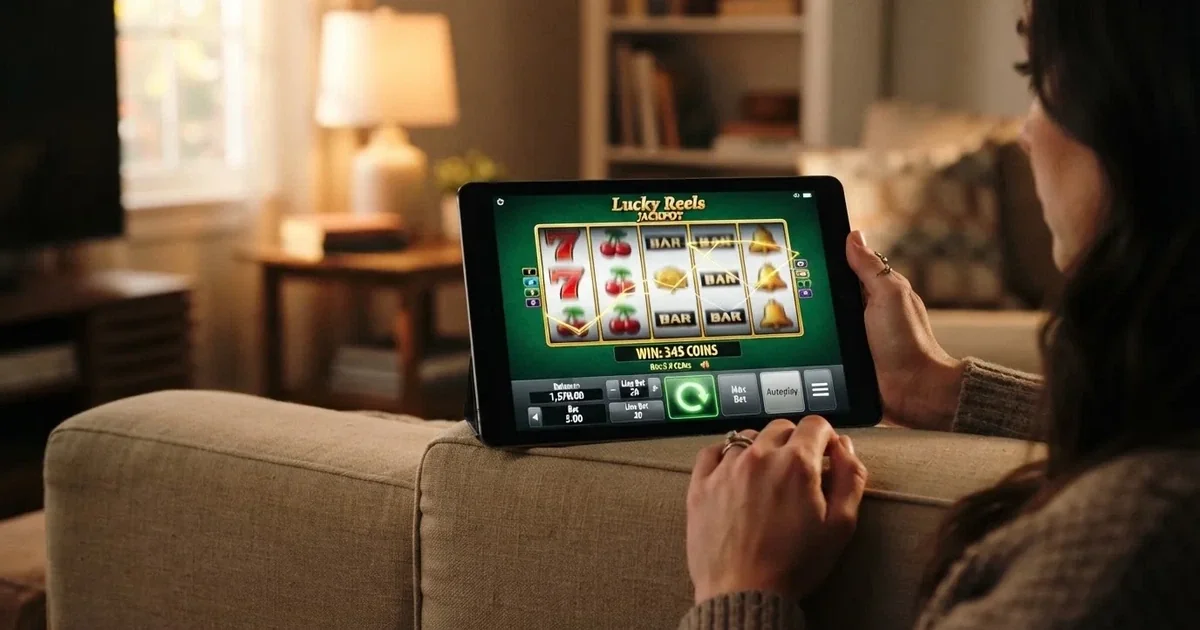 A hand holding a tablet with a touchscreen keypad displayed, resting on a couch armrest.
