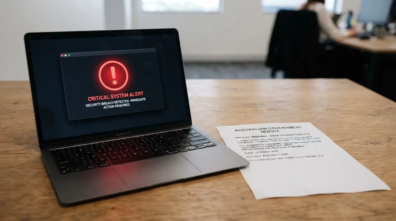 A printed government warning notice on a desk beside a laptop with a red alert icon on the screen.