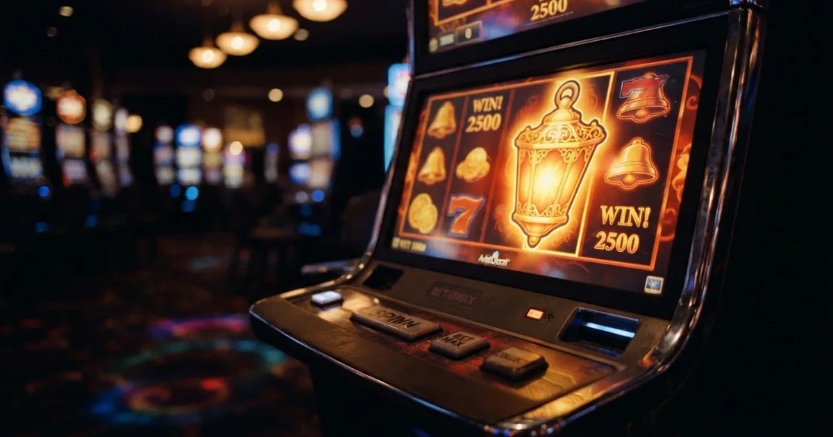 A close-up of a slot reel icon showing a stylised lantern motif on a cabinet screen.