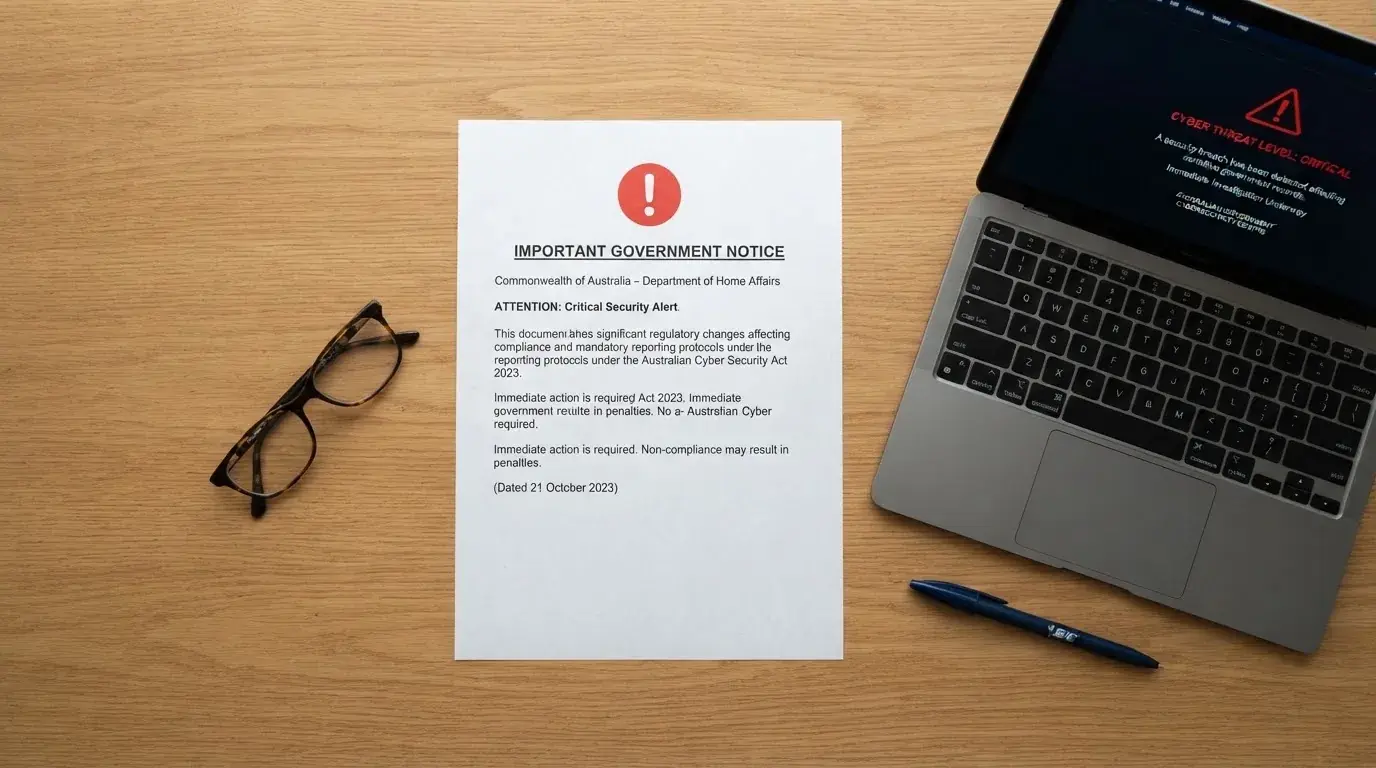 A printed government warning notice on a desk beside a laptop with a red alert icon on the screen.