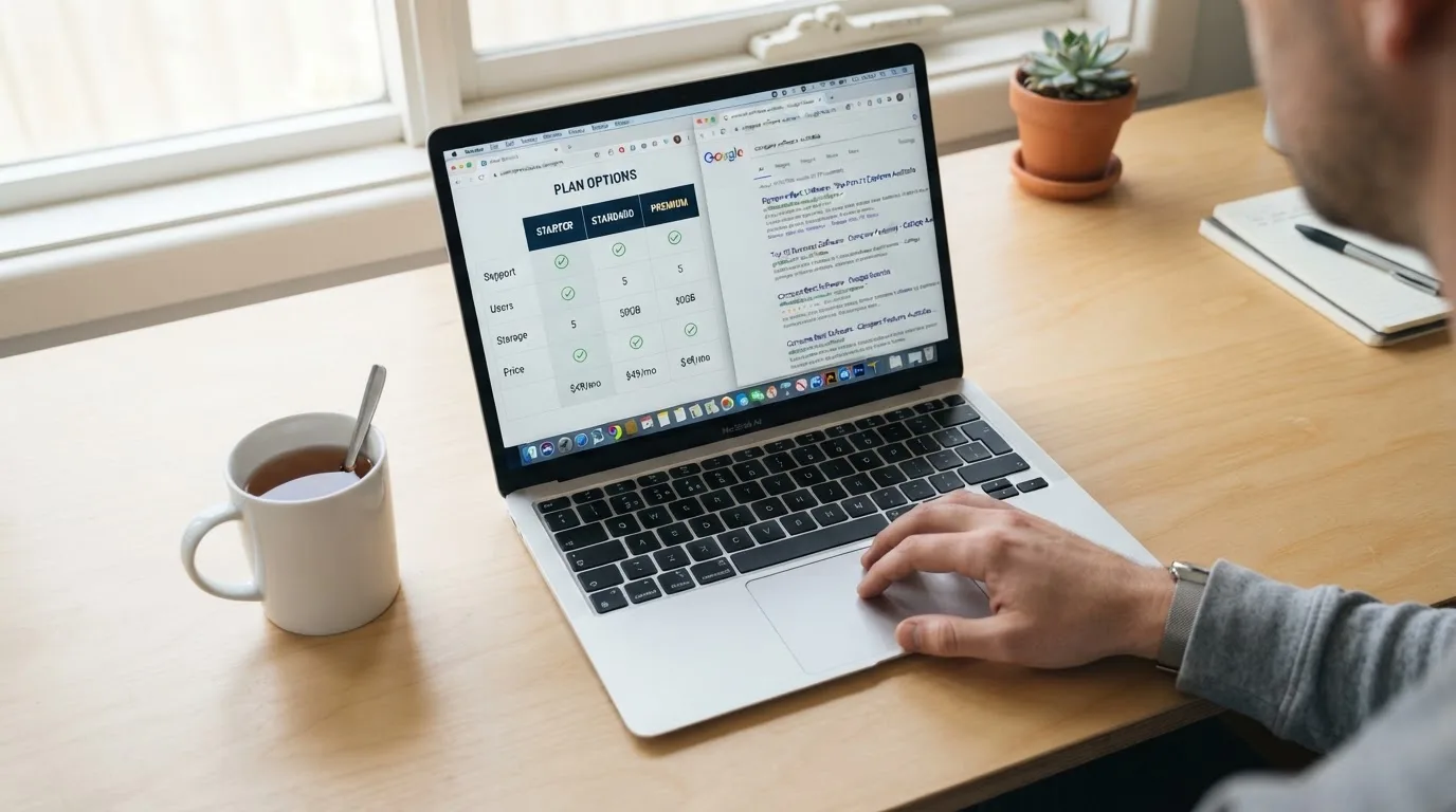 A laptop screen split between two browser tabs, one showing a comparison table and the other a search results page.