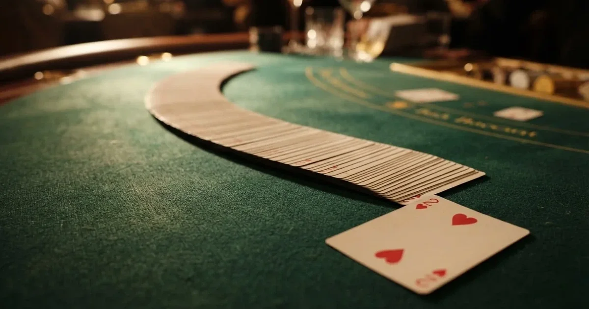 A close-up of a shuffled deck of playing cards fanned out on a green felt table.